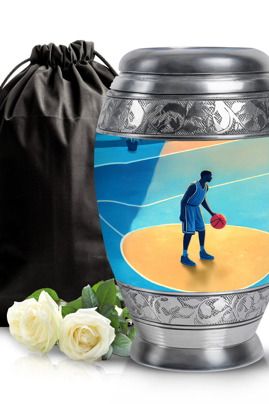 Sapphire Blue Basketball Cremation Urn back view with polished surface - royal basketball engraving with decorative scrollwork - full-size 10 inch 200 cubic inch adult cremation urn