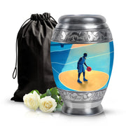 Sapphire Blue Basketball Cremation Urn back view with polished surface - royal basketball engraving with decorative scrollwork - full-size 10 inch 200 cubic inch adult cremation urn