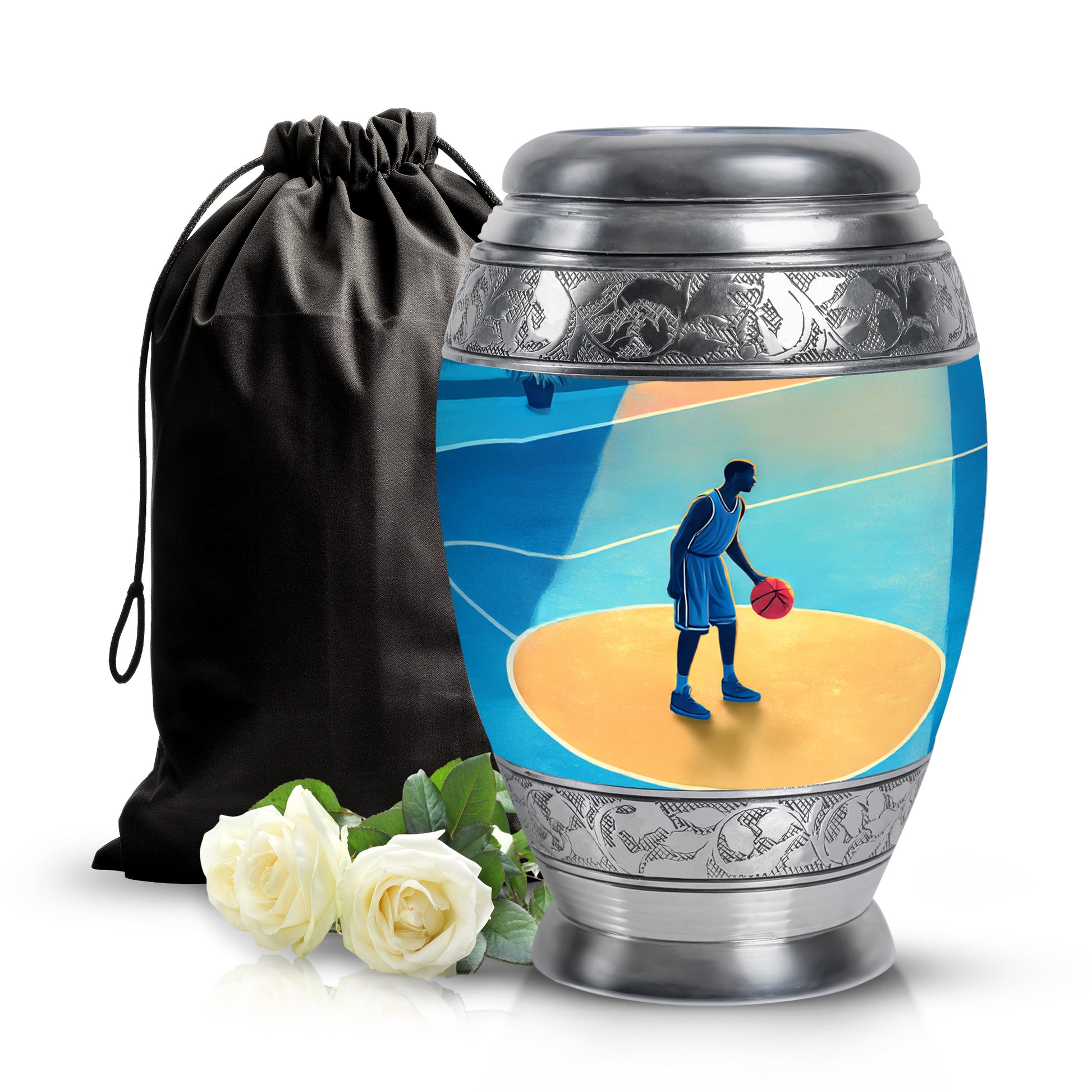 Sapphire Blue Basketball Cremation Urn back view with polished surface - royal basketball engraving with decorative scrollwork - full-size 10 inch 200 cubic inch adult cremation urn