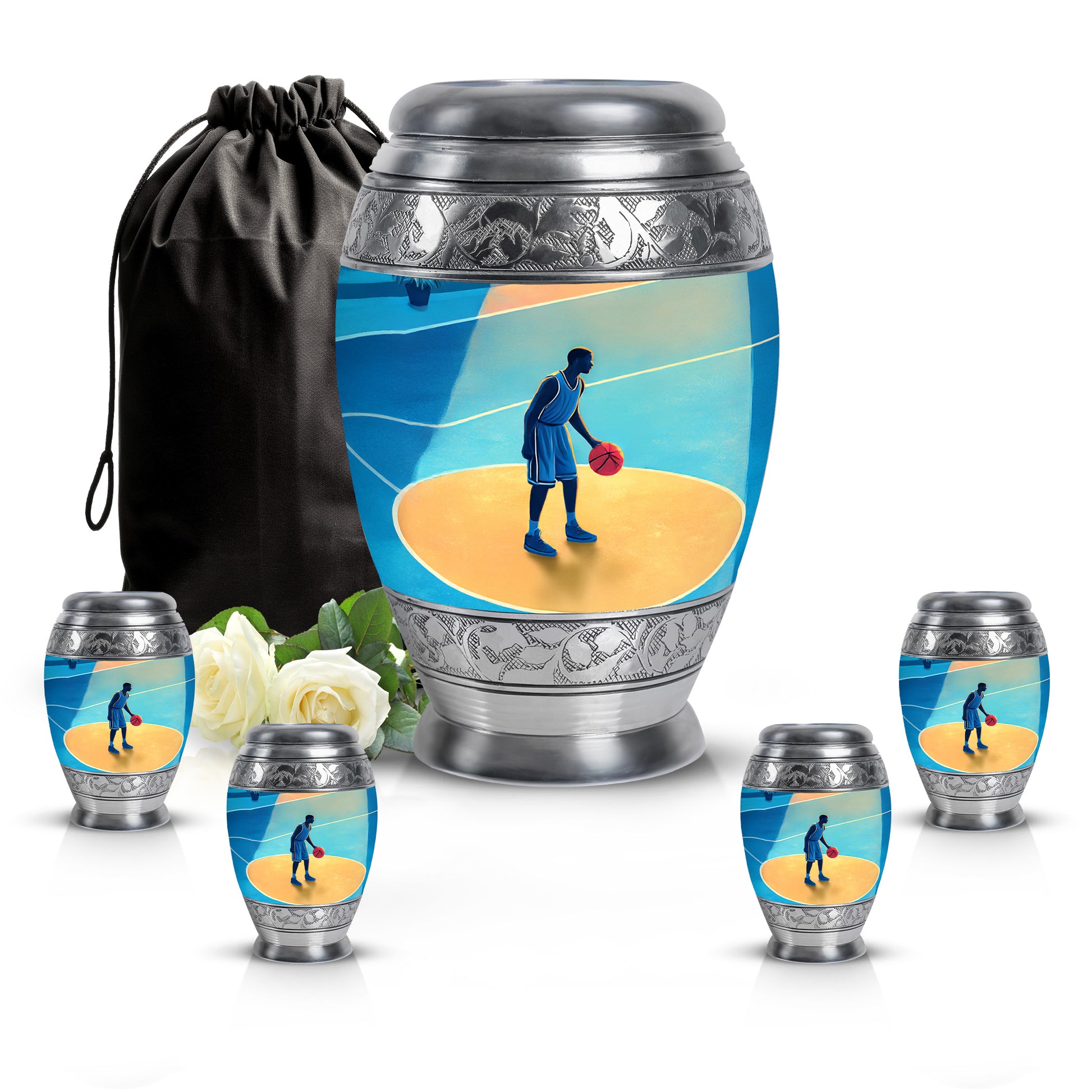 Powder Blue Basketball Cremation Urn detail view - ornate monarch-style basketball relief on brushed aluminum - memorial set with one large and four small urns