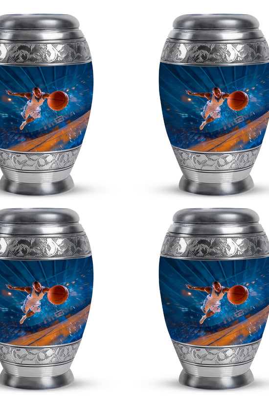 Soft Blue Basketball Cremation Urn urn with complimentary velvet bag - majestic basketball pattern with filigree border - 10 inch aluminum urn for cremated remains