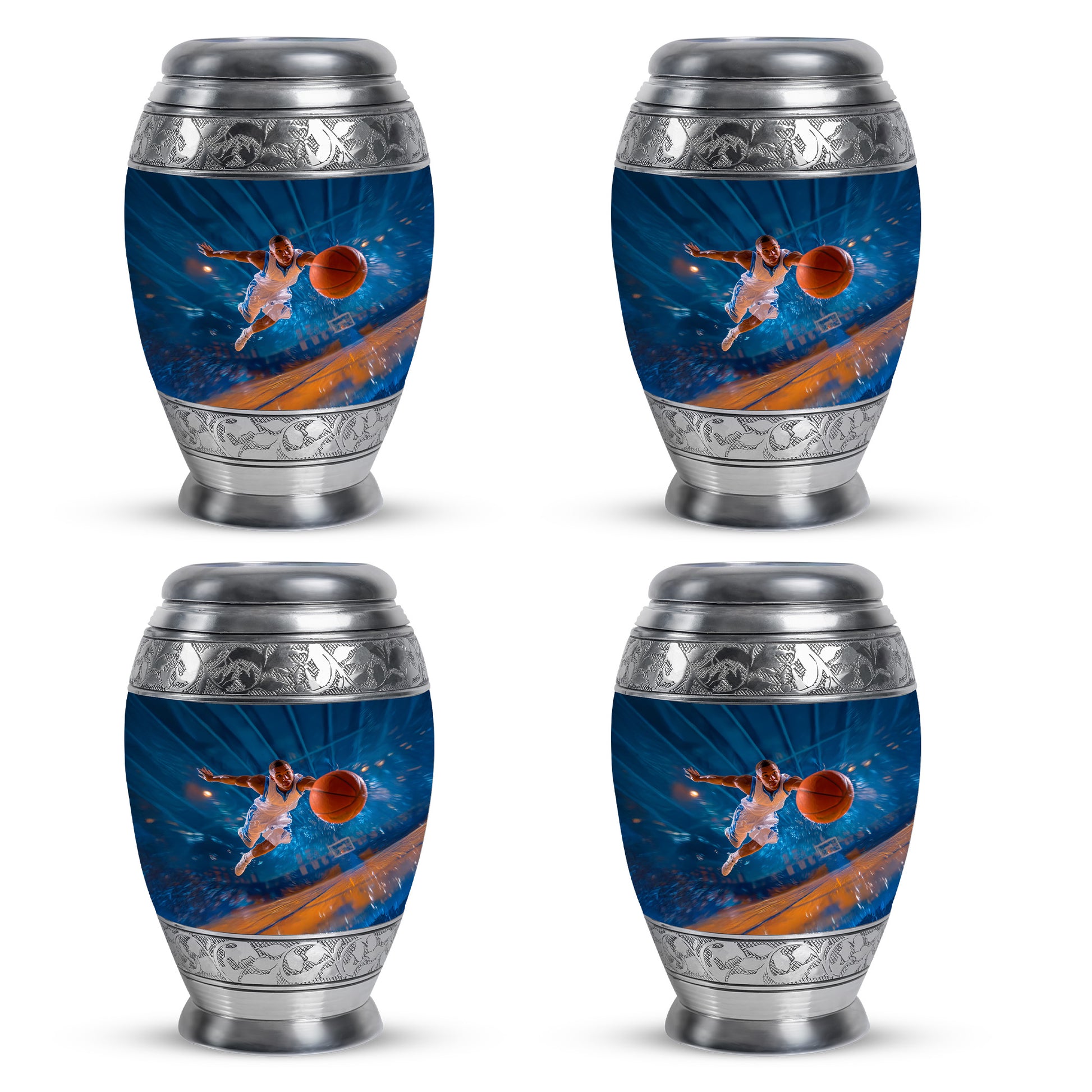 Soft Blue Basketball Cremation Urn urn with complimentary velvet bag - majestic basketball pattern with filigree border - 10 inch aluminum urn for cremated remains
