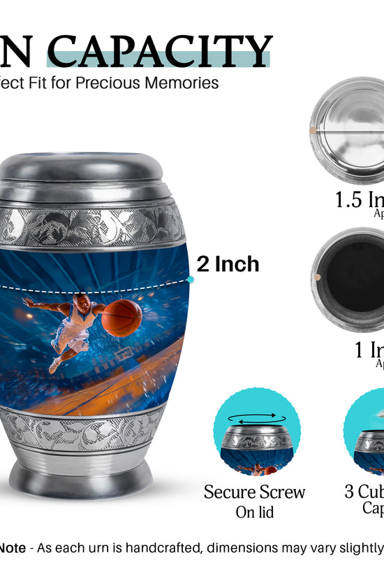 Serene Blue Basketball Cremation Urn lifestyle display on memorial shelf - majestic basketball pattern with filigree border - mini keepsake memorial for portion of cremation ashes