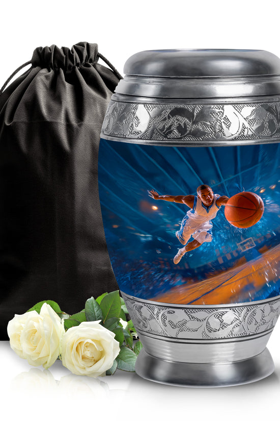 Pastel Blue Basketball Cremation Urn back view with polished surface - ornate monarch-style basketball relief on brushed aluminum - full-size 10 inch 200 cubic inch adult cremation urn