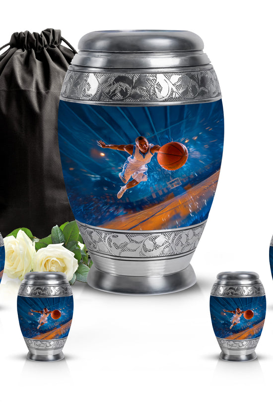 Calming Blue Basketball Cremation Urn detail view - majestic basketball pattern with filigree border - memorial set with one large and four small urns
