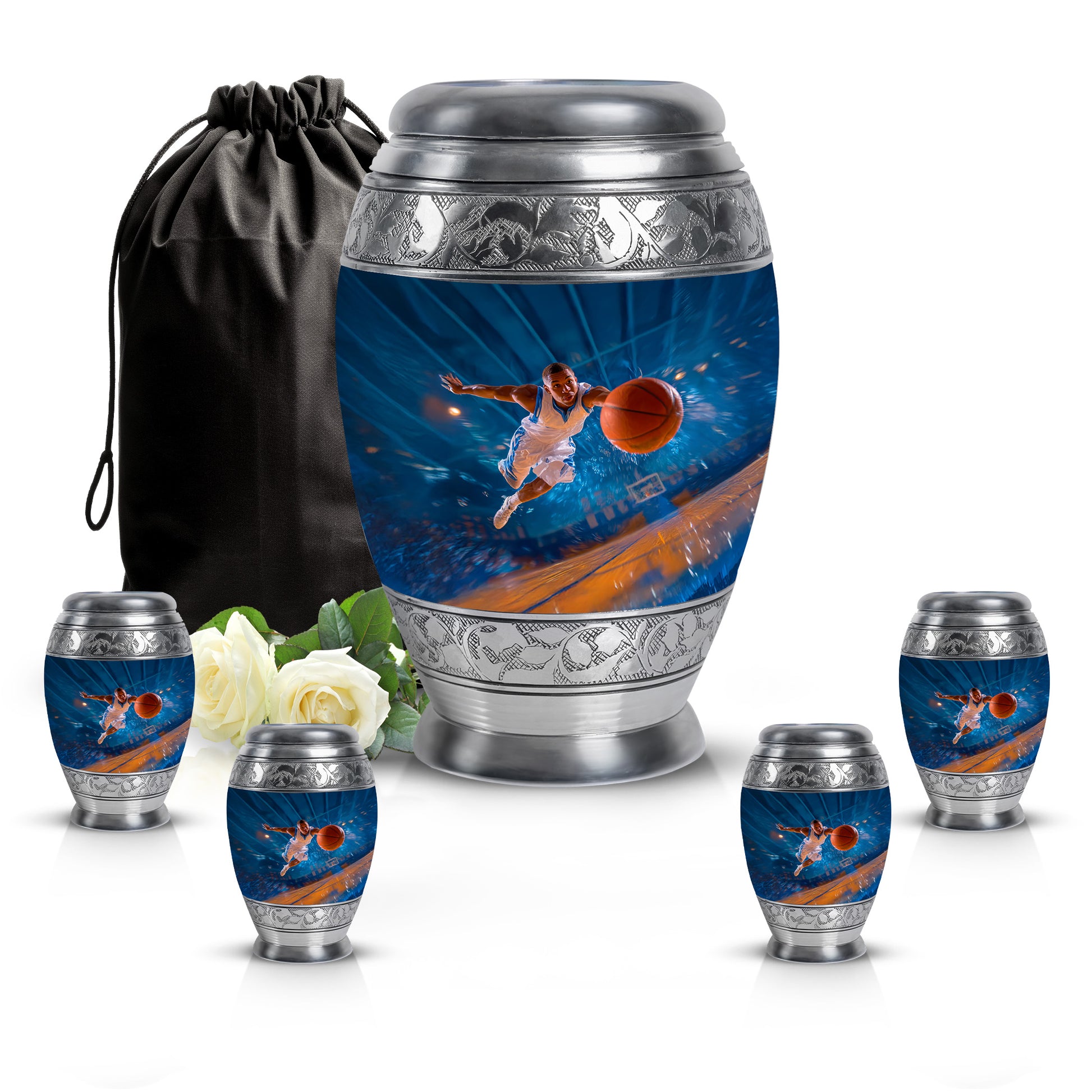 Calming Blue Basketball Cremation Urn detail view - majestic basketball pattern with filigree border - memorial set with one large and four small urns