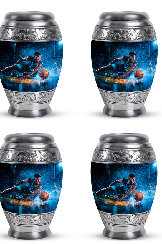 Midnight Black Basketball Cremation Urn urn with complimentary velvet bag - majestic basketball pattern with filigree border - 10 inch aluminum urn for cremated remains