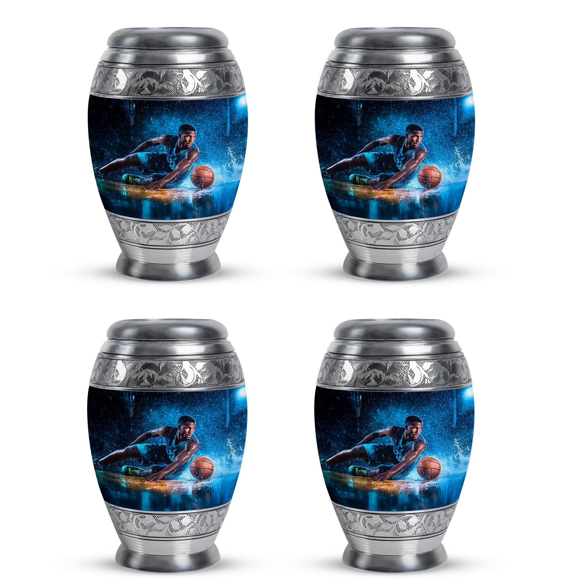 Midnight Black Basketball Cremation Urn urn with complimentary velvet bag - majestic basketball pattern with filigree border - 10 inch aluminum urn for cremated remains