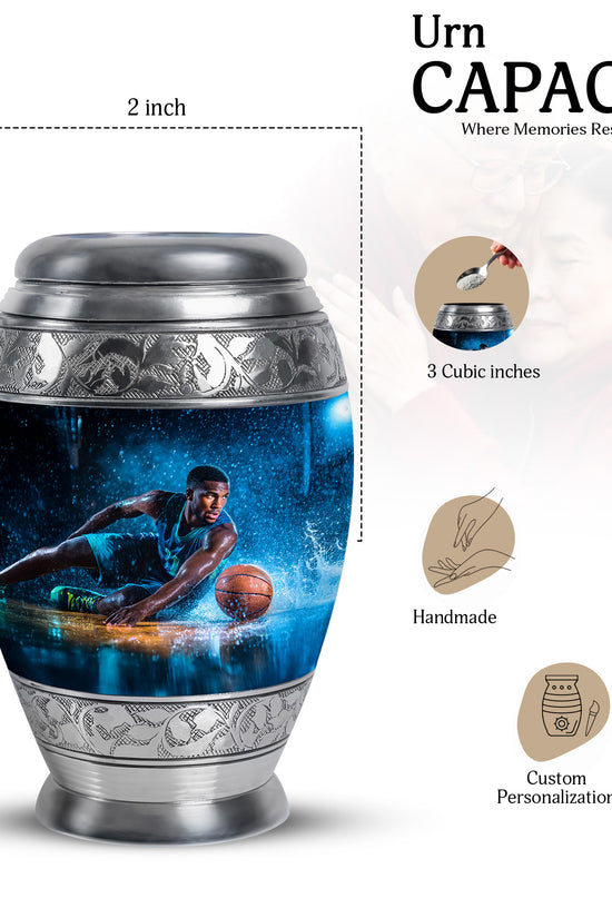 Jet Black Basketball Cremation Urn lifestyle display on memorial shelf - ornate monarch-style basketball relief on brushed aluminum - mini keepsake memorial for portion of cremation ashes