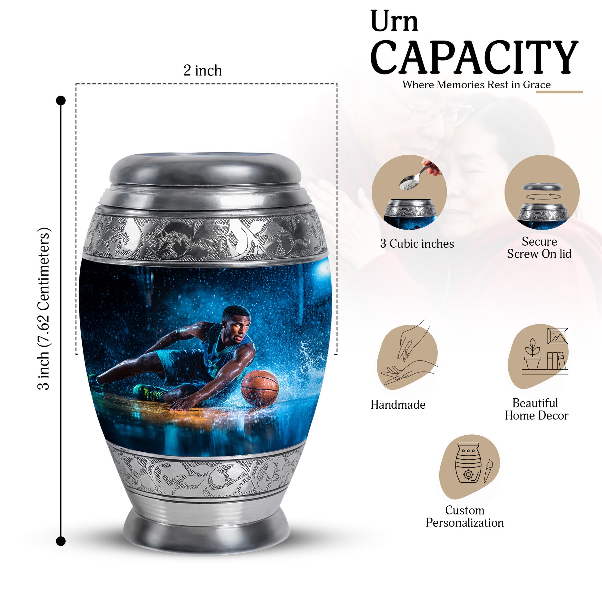 Jet Black Basketball Cremation Urn lifestyle display on memorial shelf - ornate monarch-style basketball relief on brushed aluminum - mini keepsake memorial for portion of cremation ashes