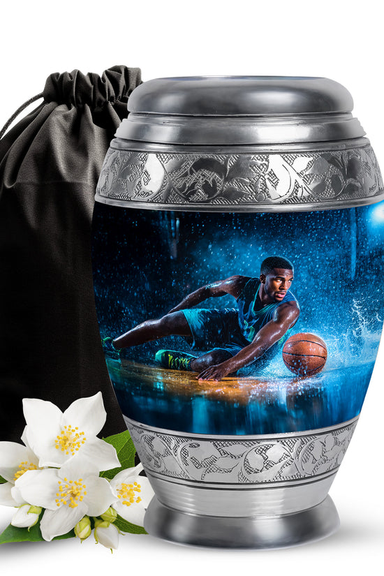 Ebony Basketball Cremation Urn back view with polished surface - regal basketball design with crown-inspired accents - full-size 10 inch 200 cubic inch adult cremation urn