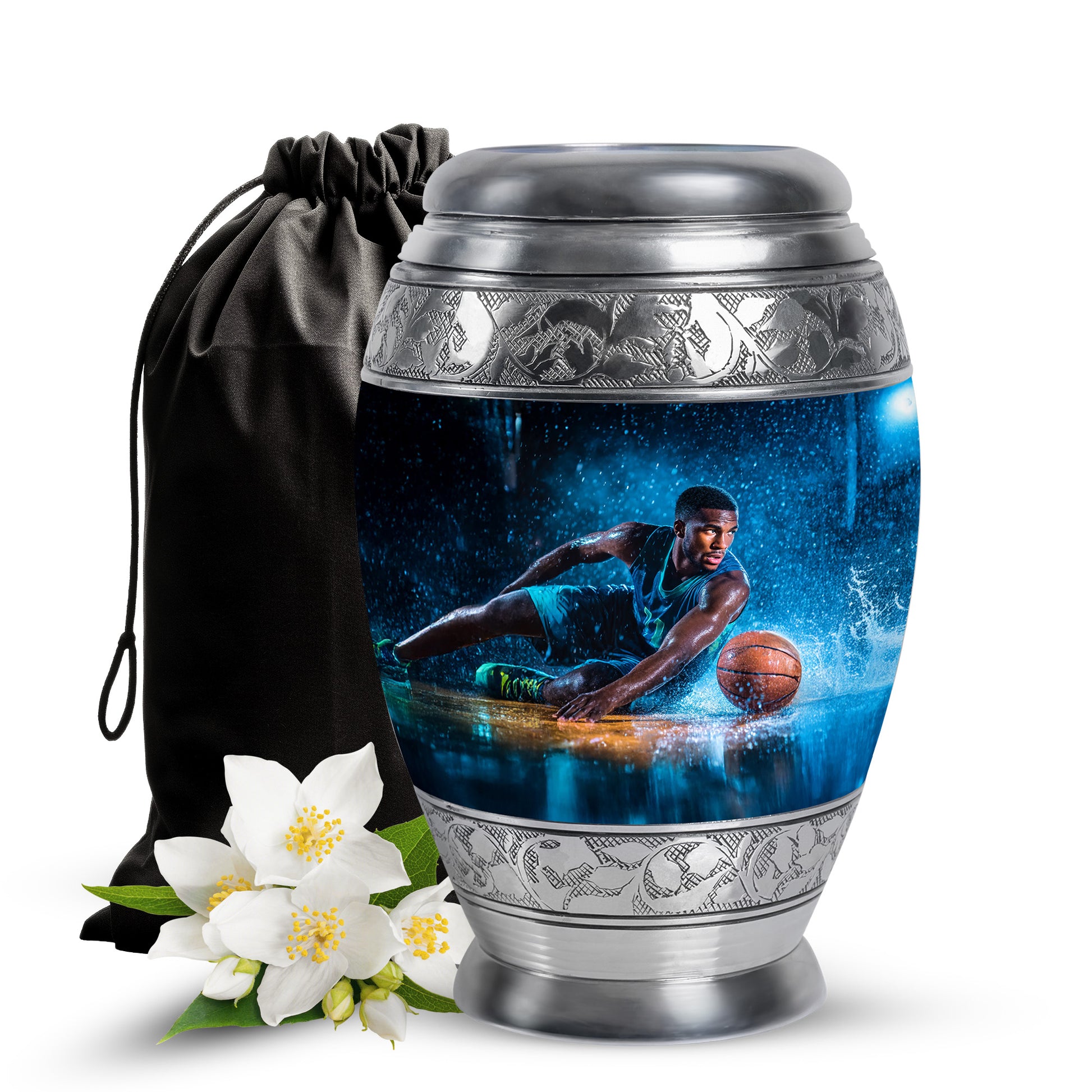 Ebony Basketball Cremation Urn back view with polished surface - regal basketball design with crown-inspired accents - full-size 10 inch 200 cubic inch adult cremation urn