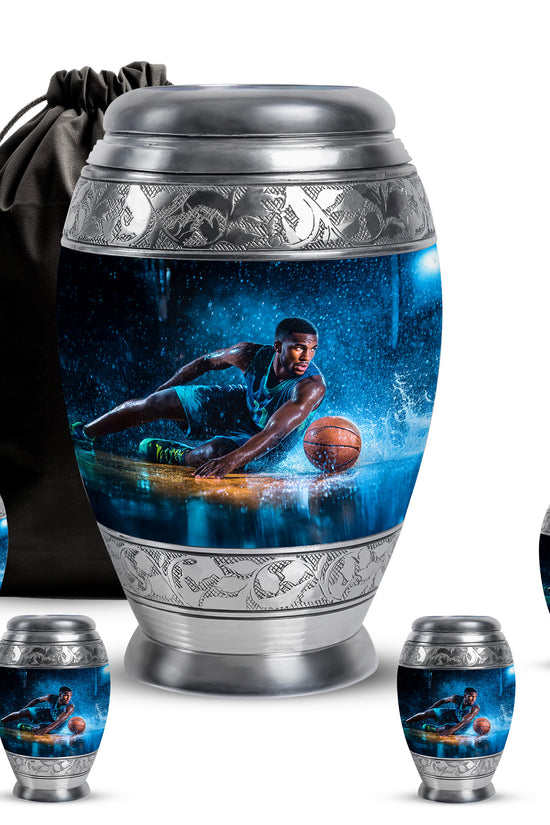 Jet Black Basketball Cremation Urn detail view - regal basketball design with crown-inspired accents - memorial set with one large and four small urns