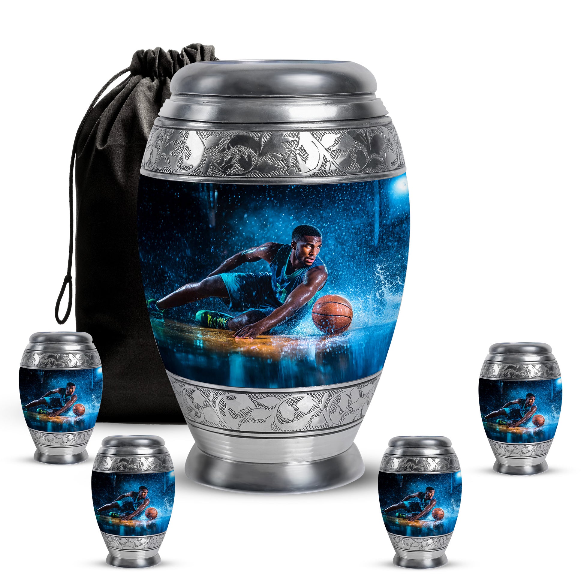 Jet Black Basketball Cremation Urn detail view - regal basketball design with crown-inspired accents - memorial set with one large and four small urns