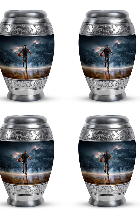 Indigo Basketball Cremation Urn urn with complimentary velvet bag - regal basketball design with crown-inspired accents - 10 inch aluminum urn for cremated remains