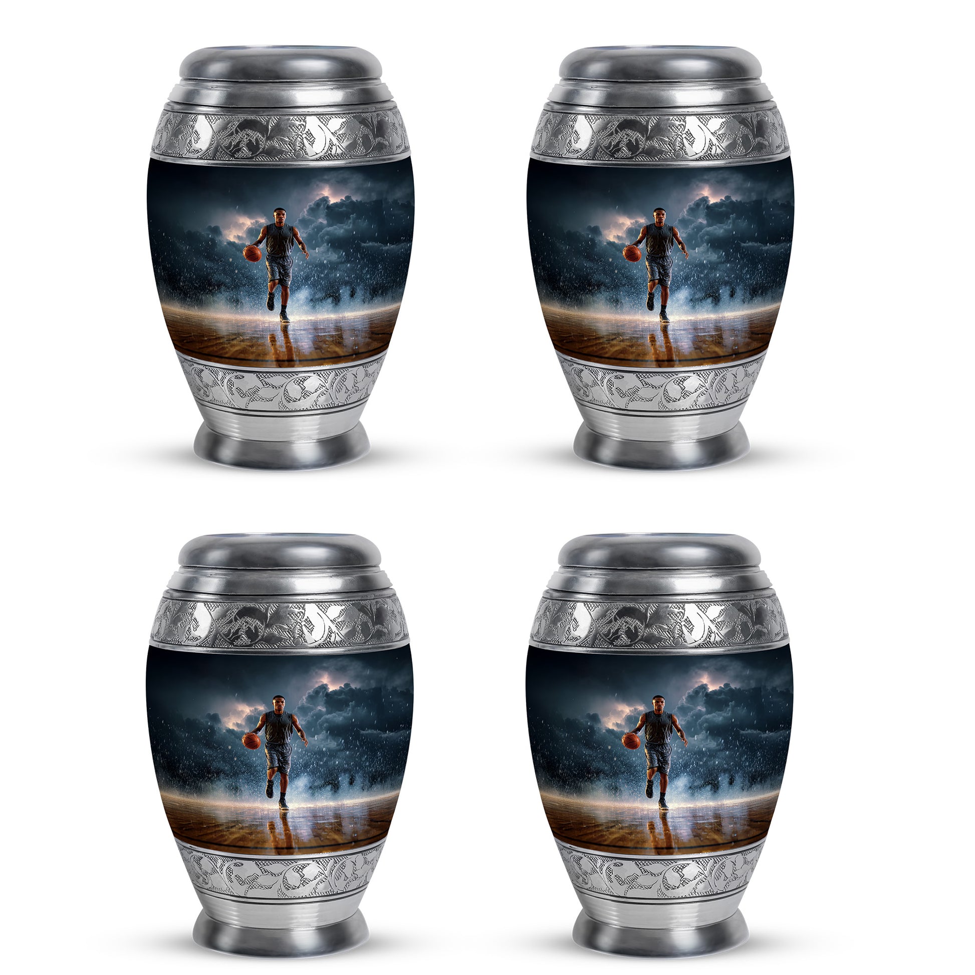 Indigo Basketball Cremation Urn urn with complimentary velvet bag - regal basketball design with crown-inspired accents - 10 inch aluminum urn for cremated remains