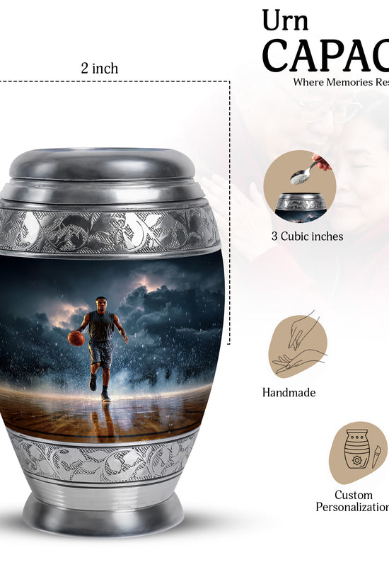 Twilight Blue Basketball Cremation Urn lifestyle display on memorial shelf - majestic basketball pattern with filigree border - mini keepsake memorial for portion of cremation ashes