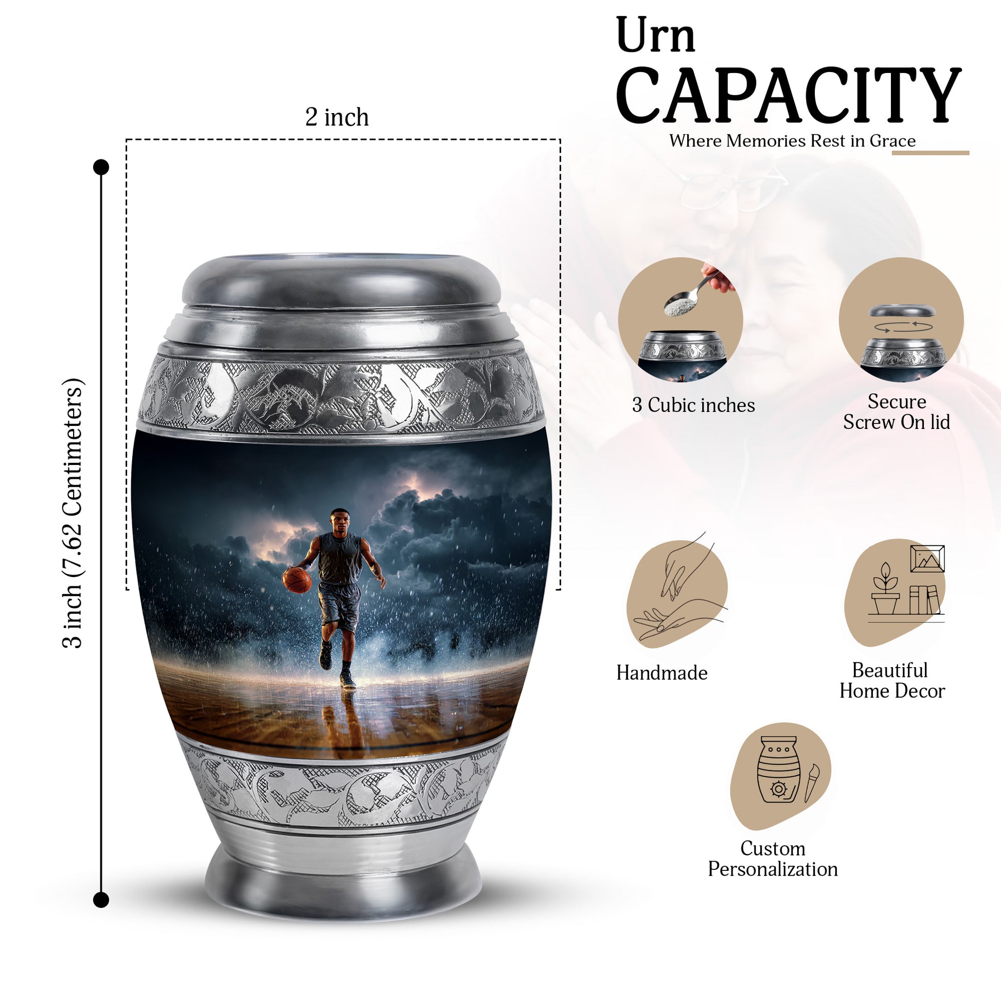Twilight Blue Basketball Cremation Urn lifestyle display on memorial shelf - majestic basketball pattern with filigree border - mini keepsake memorial for portion of cremation ashes