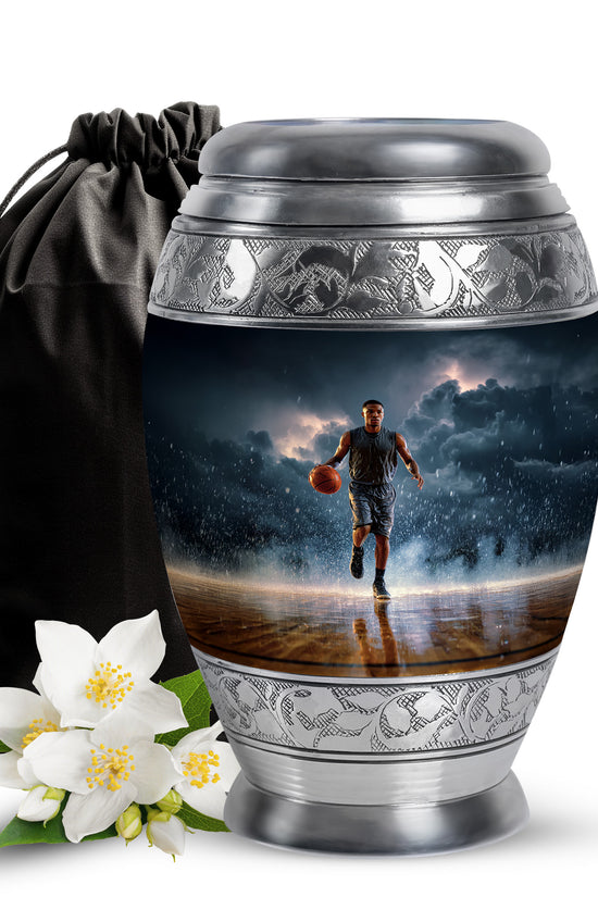 Cobalt Blue Basketball Cremation Urn back view with polished surface - majestic basketball pattern with filigree border - full-size 10 inch 200 cubic inch adult cremation urn