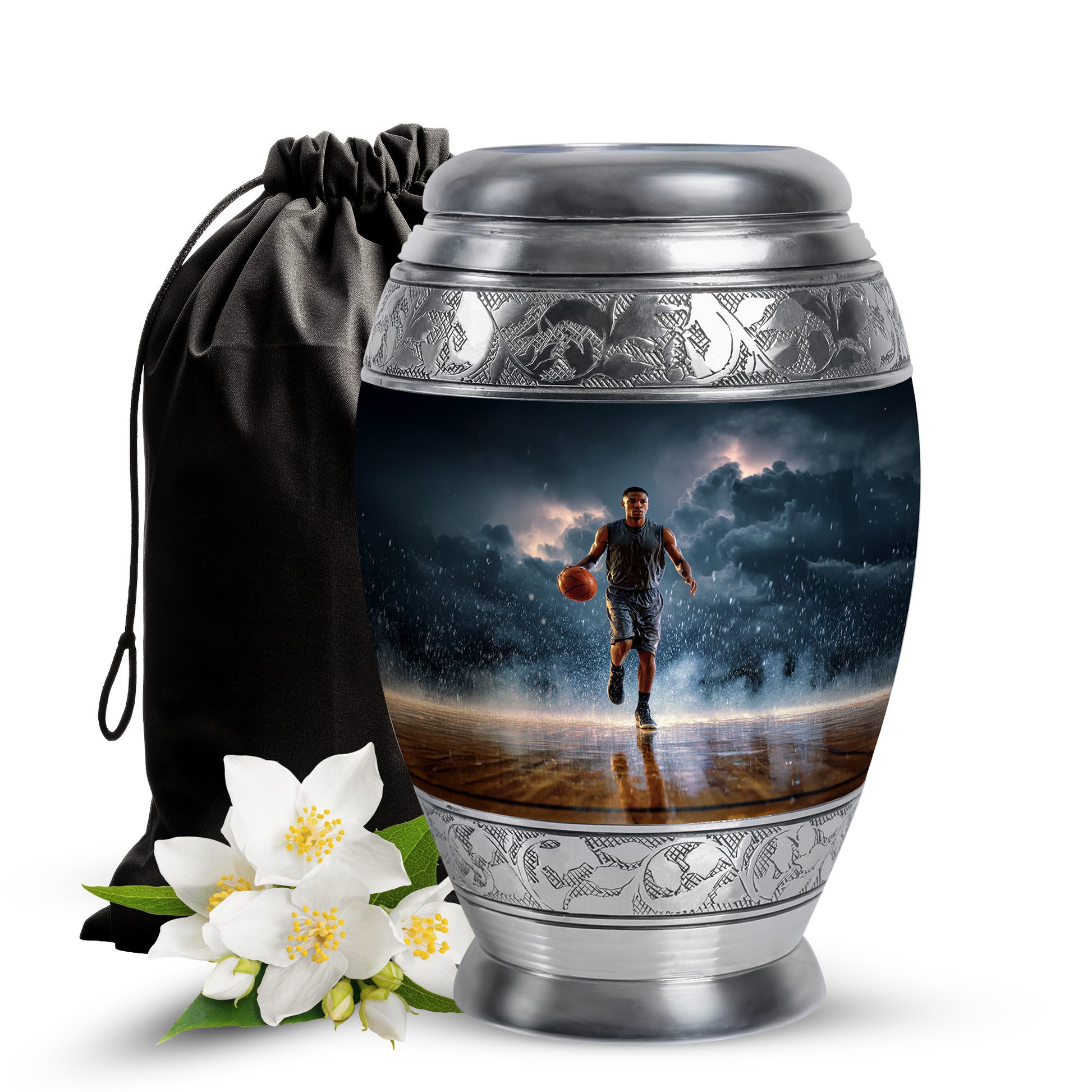 Cobalt Blue Basketball Cremation Urn back view with polished surface - majestic basketball pattern with filigree border - full-size 10 inch 200 cubic inch adult cremation urn