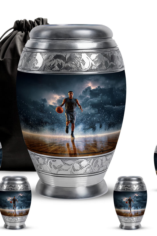 Vivid Blue Basketball Cremation Urn detail view - majestic basketball pattern with filigree border - memorial set with one large and four small urns
