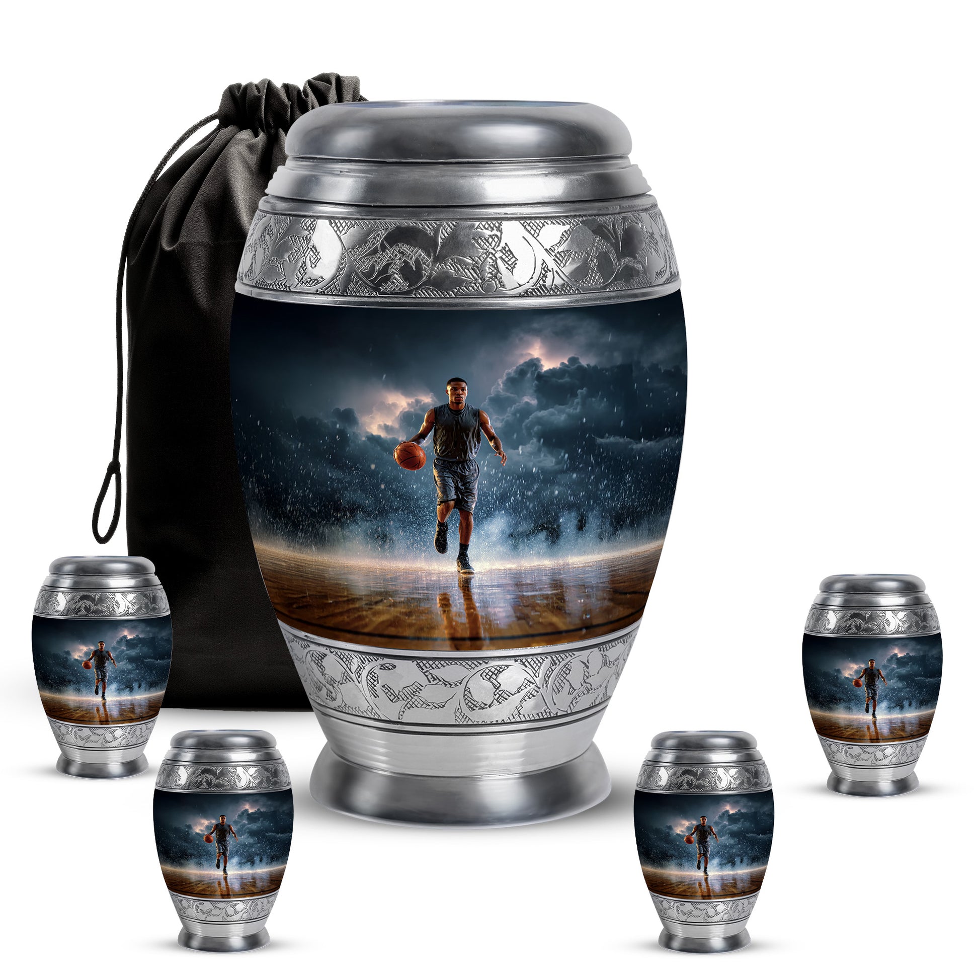 Vivid Blue Basketball Cremation Urn detail view - majestic basketball pattern with filigree border - memorial set with one large and four small urns