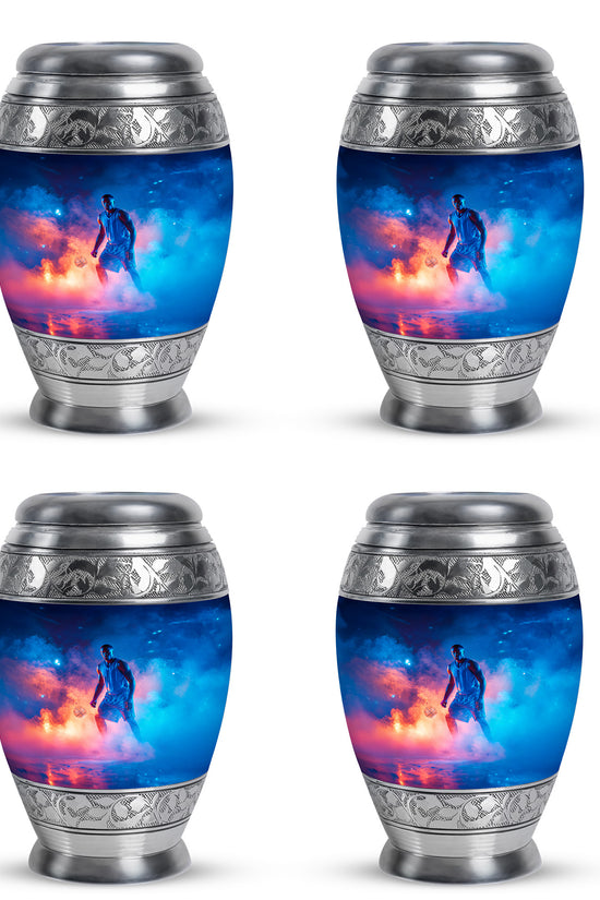 Slate Blue Basketball Cremation Urn urn with complimentary velvet bag - ornate monarch-style basketball relief on brushed aluminum - 10 inch aluminum urn for cremated remains