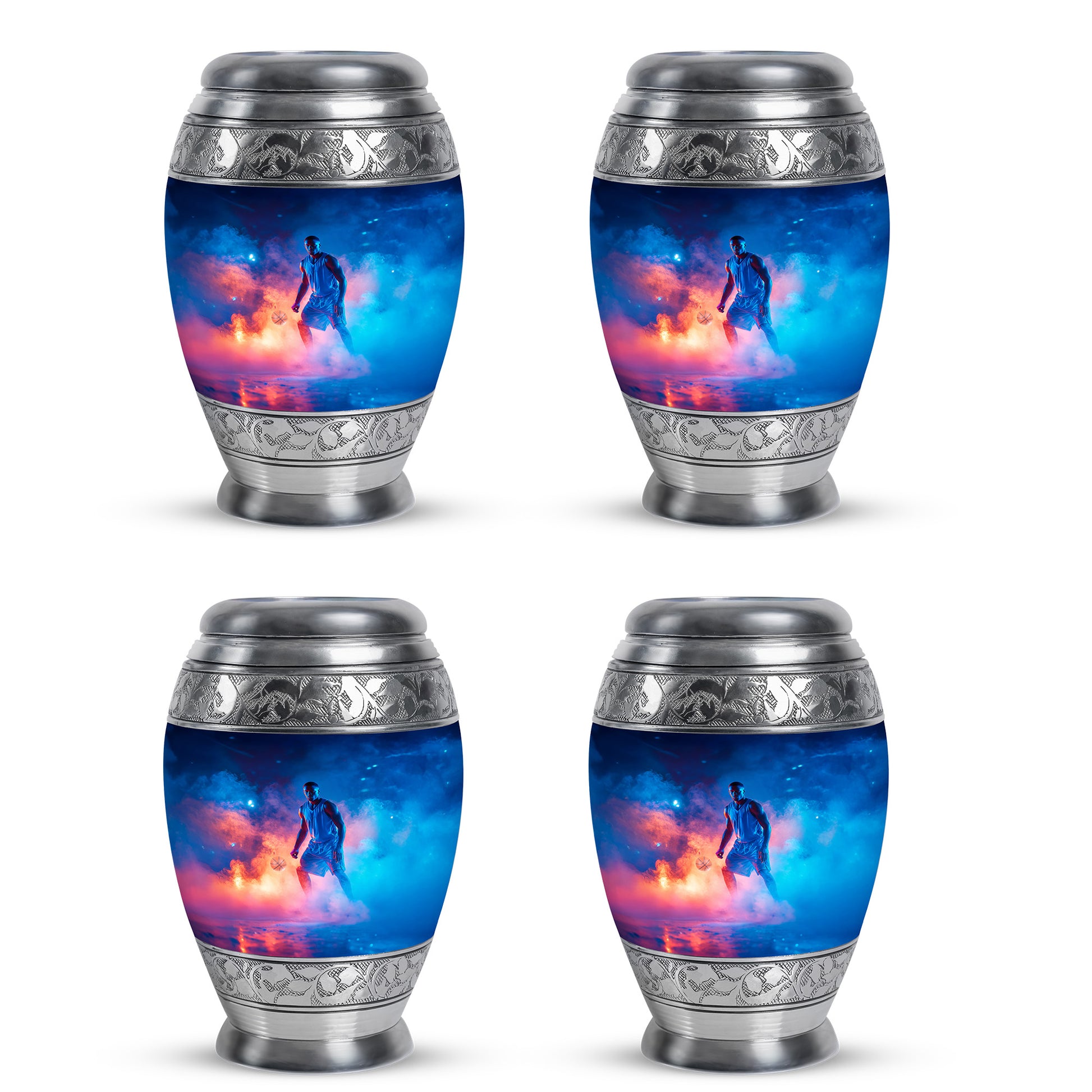 Slate Blue Basketball Cremation Urn urn with complimentary velvet bag - ornate monarch-style basketball relief on brushed aluminum - 10 inch aluminum urn for cremated remains