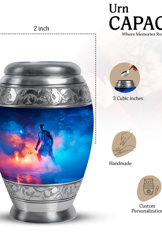 Pastel Blue Basketball Cremation Urn lifestyle display on memorial shelf - ornate monarch-style basketball relief on brushed aluminum - mini keepsake memorial for portion of cremation ashes