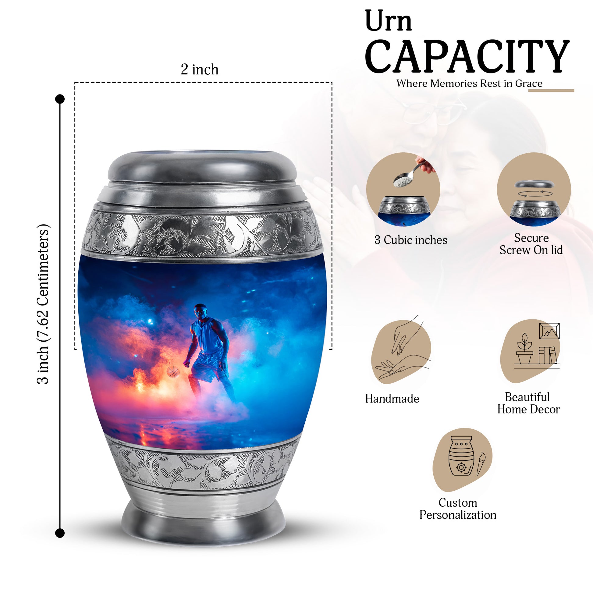 Pastel Blue Basketball Cremation Urn lifestyle display on memorial shelf - ornate monarch-style basketball relief on brushed aluminum - mini keepsake memorial for portion of cremation ashes
