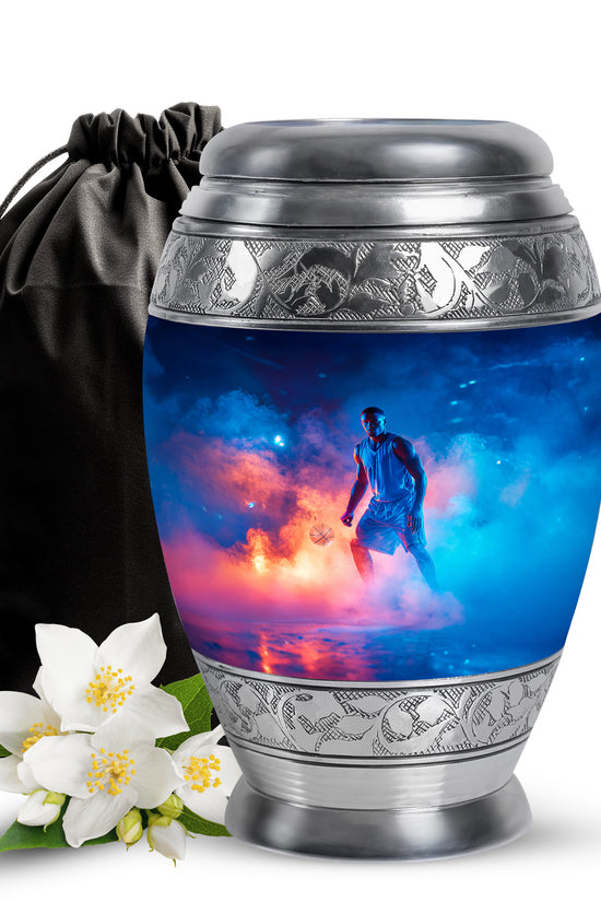 Twilight Blue Basketball Cremation Urn back view with polished surface - majestic basketball pattern with filigree border - full-size 10 inch 200 cubic inch adult cremation urn