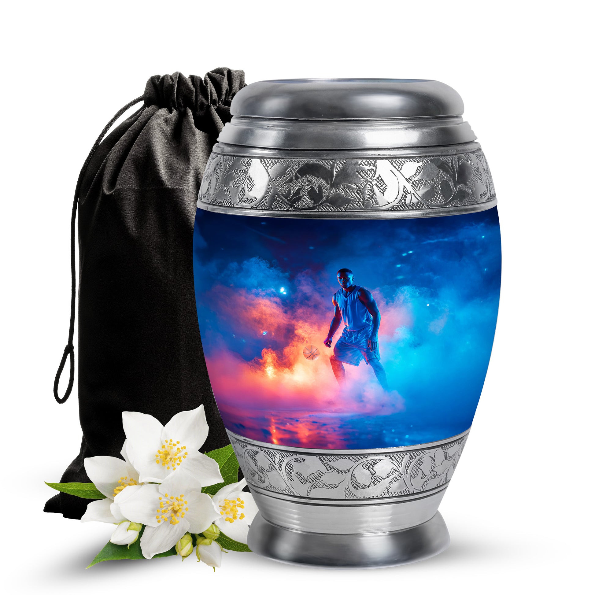 Twilight Blue Basketball Cremation Urn back view with polished surface - majestic basketball pattern with filigree border - full-size 10 inch 200 cubic inch adult cremation urn