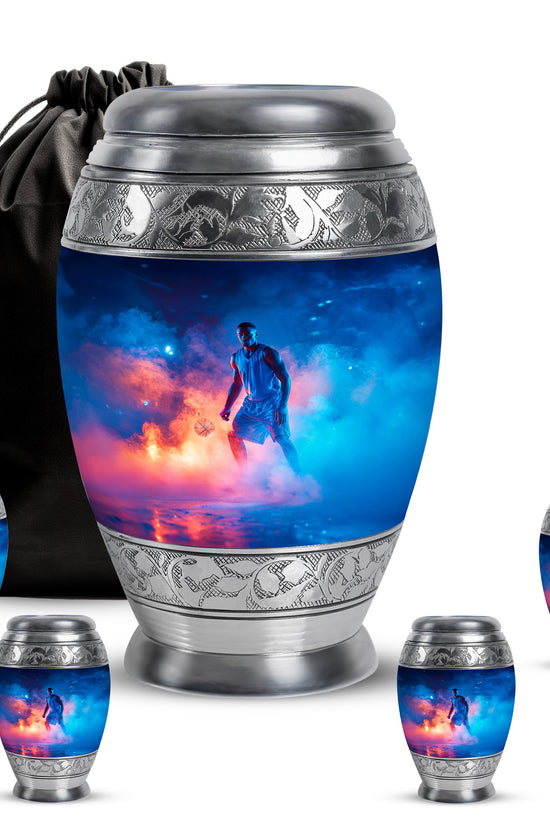 Indigo Basketball Cremation Urn detail view - ornate monarch-style basketball relief on brushed aluminum - memorial set with one large and four small urns