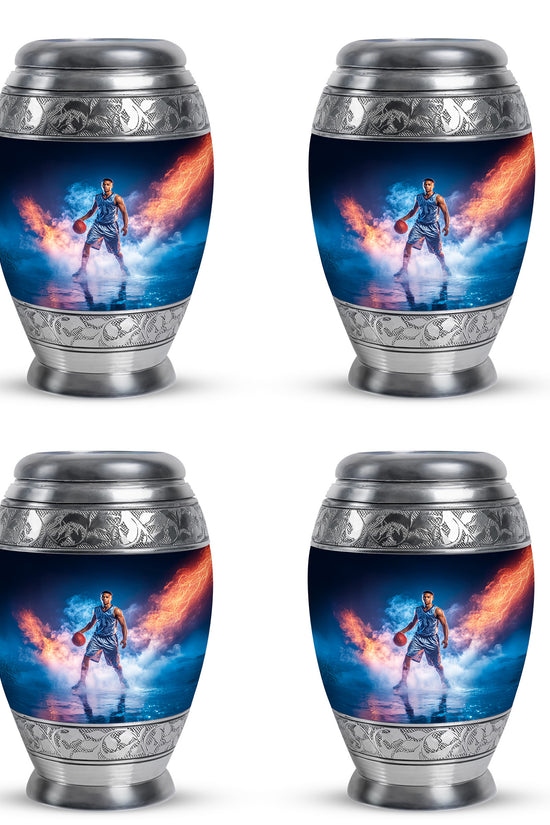 Slate Blue Basketball Cremation Urn urn with complimentary velvet bag - regal basketball design with crown-inspired accents - 10 inch aluminum urn for cremated remains