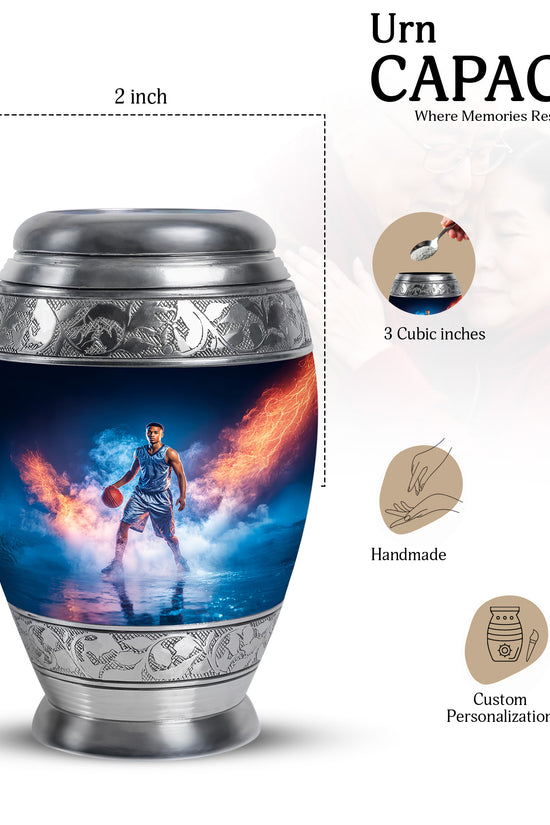 Cobalt Blue Basketball Cremation Urn lifestyle display on memorial shelf - majestic basketball pattern with filigree border - mini keepsake memorial for portion of cremation ashes