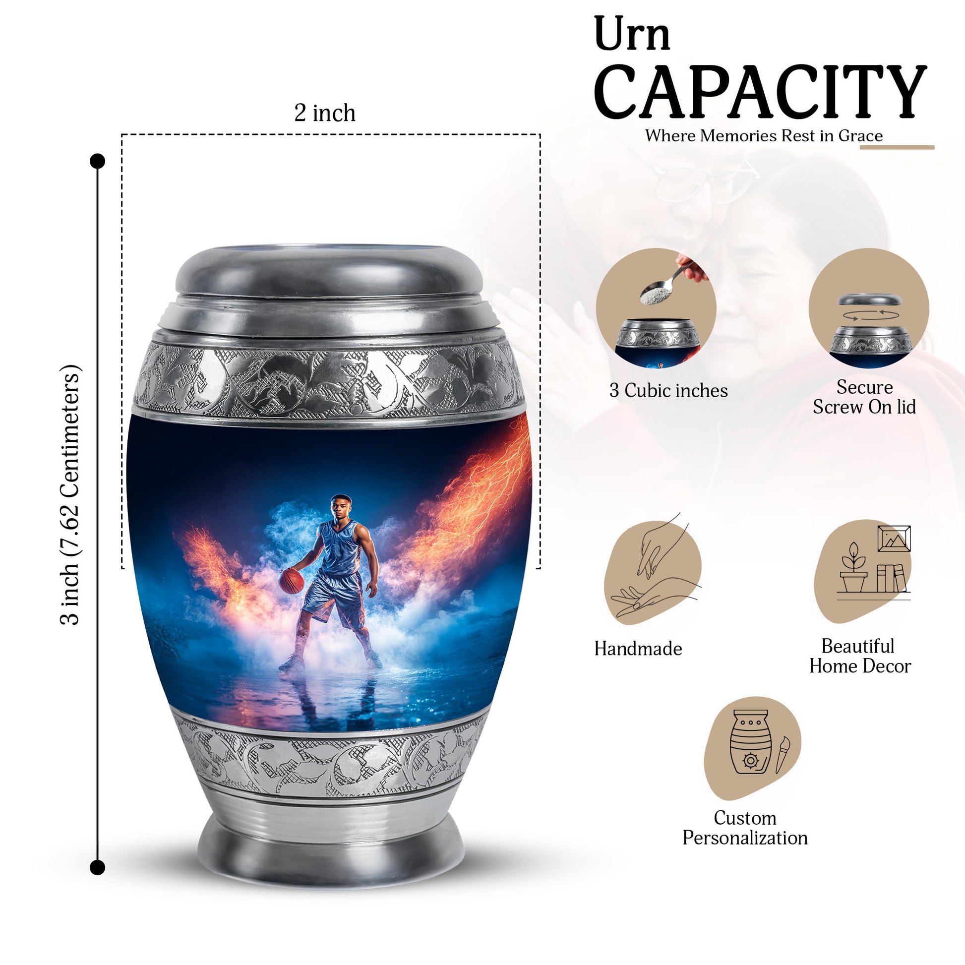 Cobalt Blue Basketball Cremation Urn lifestyle display on memorial shelf - majestic basketball pattern with filigree border - mini keepsake memorial for portion of cremation ashes