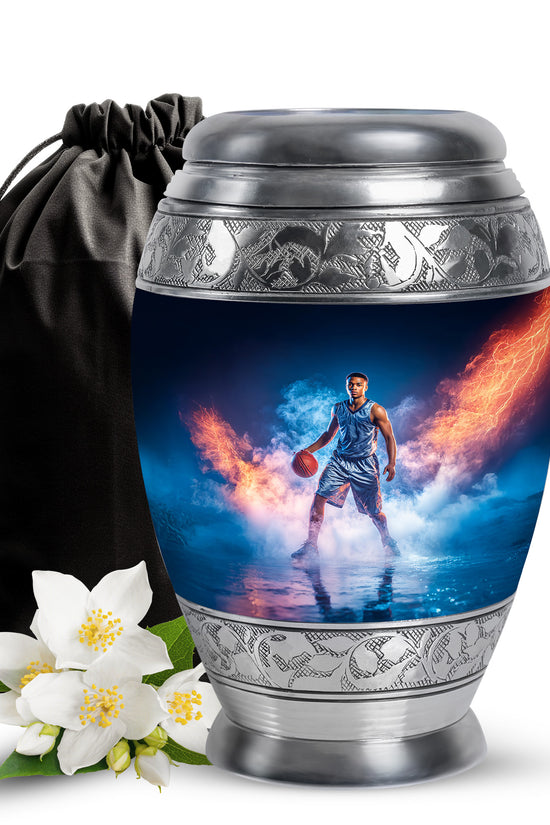 Azure Basketball Cremation Urn back view with polished surface - regal basketball design with crown-inspired accents - full-size 10 inch 200 cubic inch adult cremation urn