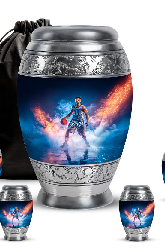 Misty Blue Basketball Cremation Urn detail view - regal basketball design with crown-inspired accents - memorial set with one large and four small urns