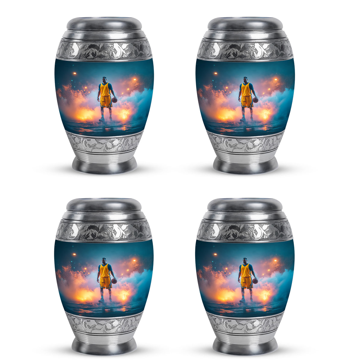 Deep Teal Basketball Cremation Urn urn with complimentary velvet bag - royal basketball engraving with decorative scrollwork - 10 inch aluminum urn for cremated remains