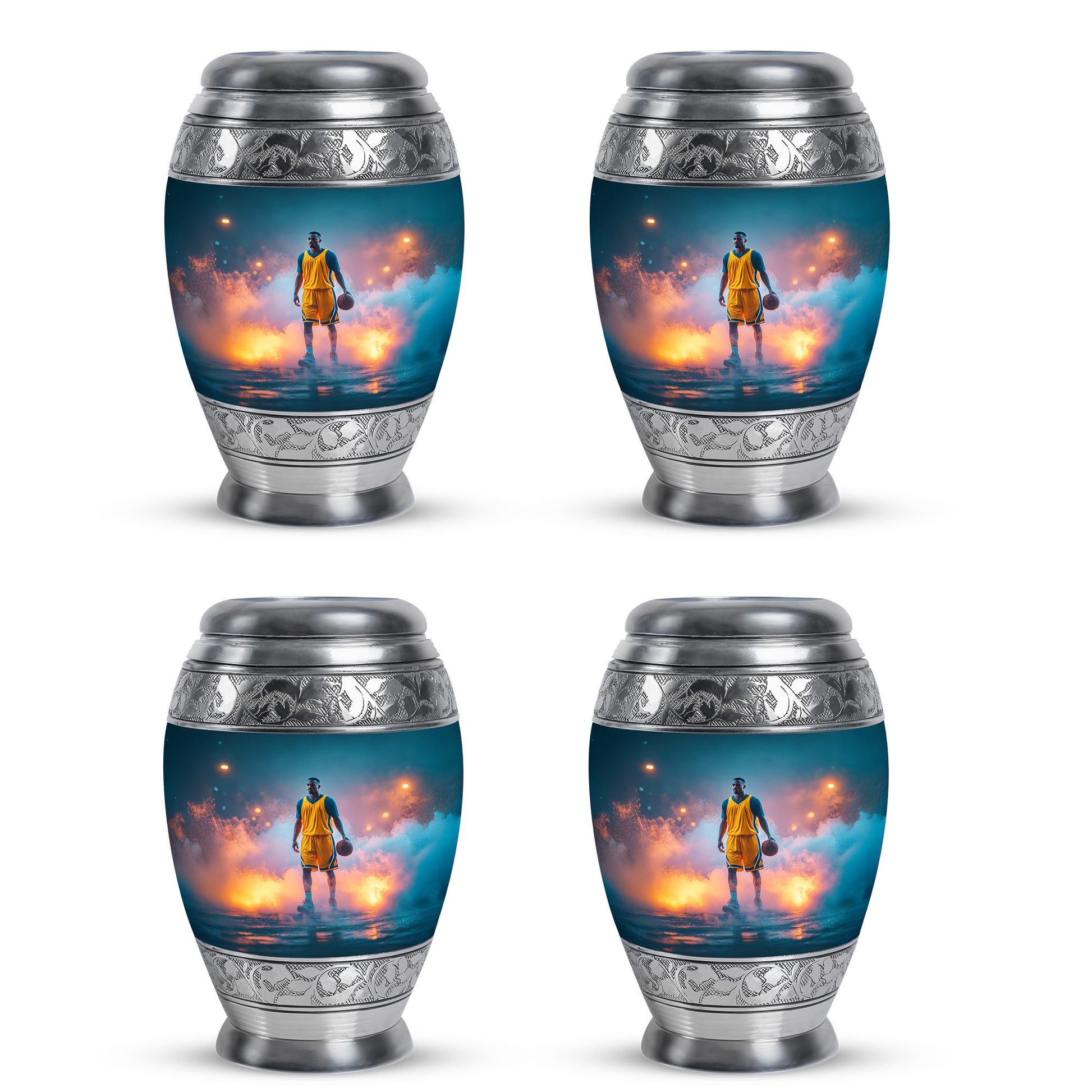 Deep Teal Basketball Cremation Urn urn with complimentary velvet bag - royal basketball engraving with decorative scrollwork - 10 inch aluminum urn for cremated remains