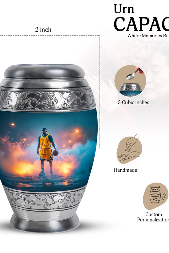 Mystic Teal Basketball Cremation Urn lifestyle display on memorial shelf - majestic basketball pattern with filigree border - mini keepsake memorial for portion of cremation ashes