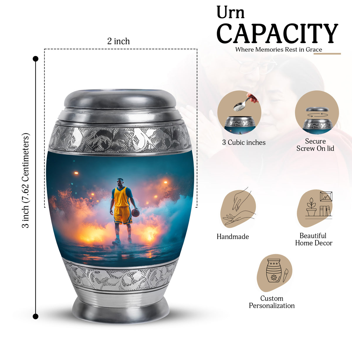 Mystic Teal Basketball Cremation Urn lifestyle display on memorial shelf - majestic basketball pattern with filigree border - mini keepsake memorial for portion of cremation ashes