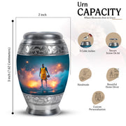 Mystic Teal Basketball Cremation Urn lifestyle display on memorial shelf - majestic basketball pattern with filigree border - mini keepsake memorial for portion of cremation ashes