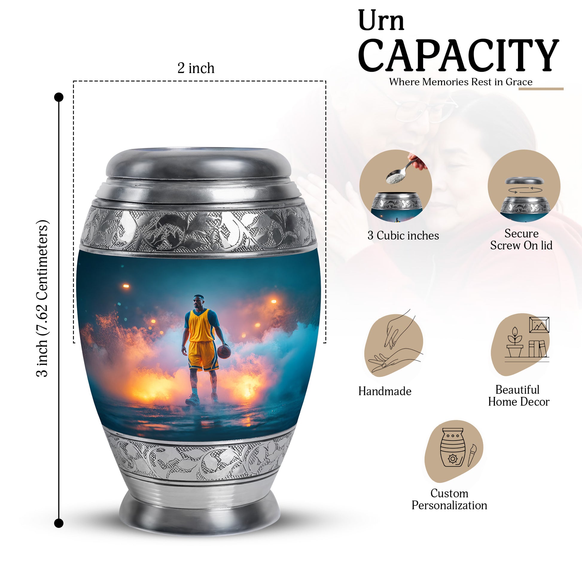 Mystic Teal Basketball Cremation Urn lifestyle display on memorial shelf - majestic basketball pattern with filigree border - mini keepsake memorial for portion of cremation ashes