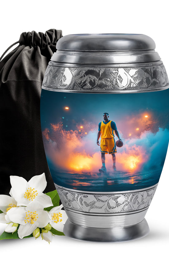 Deep Teal Basketball Cremation Urn back view with polished surface - majestic basketball pattern with filigree border - full-size 10 inch 200 cubic inch adult cremation urn