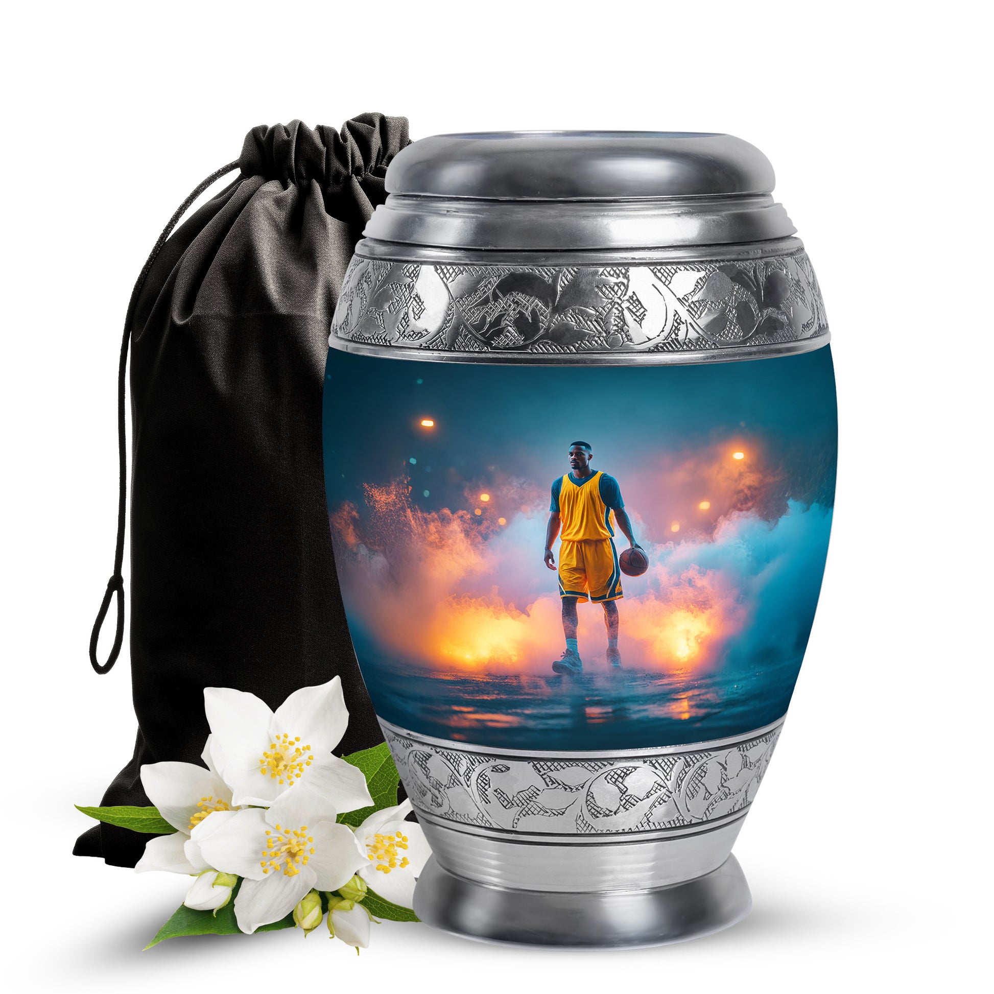 Deep Teal Basketball Cremation Urn back view with polished surface - majestic basketball pattern with filigree border - full-size 10 inch 200 cubic inch adult cremation urn