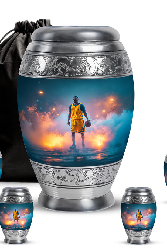 Ocean Teal Basketball Cremation Urn detail view - regal basketball design with crown-inspired accents - memorial set with one large and four small urns