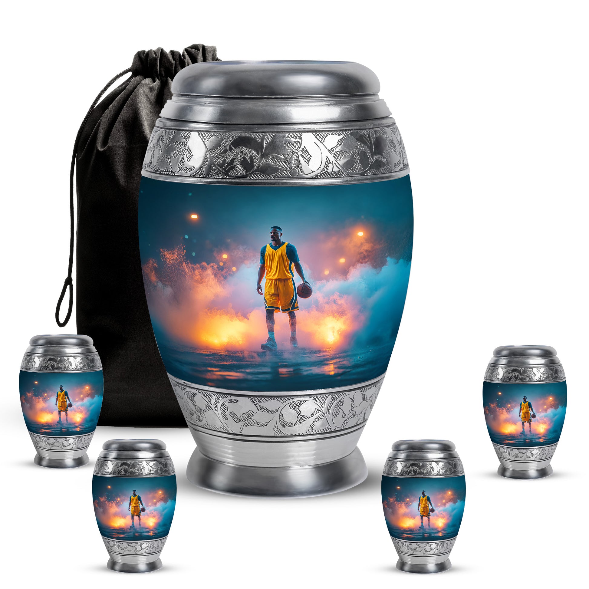 Ocean Teal Basketball Cremation Urn detail view - regal basketball design with crown-inspired accents - memorial set with one large and four small urns