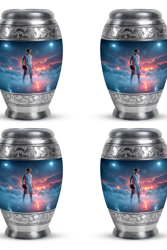 Soft Blue Basketball Cremation Urn urn with complimentary velvet bag - majestic basketball pattern with filigree border - 10 inch aluminum urn for cremated remains