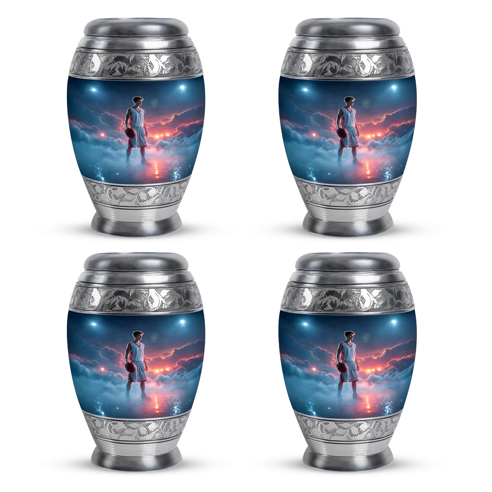 Soft Blue Basketball Cremation Urn urn with complimentary velvet bag - majestic basketball pattern with filigree border - 10 inch aluminum urn for cremated remains